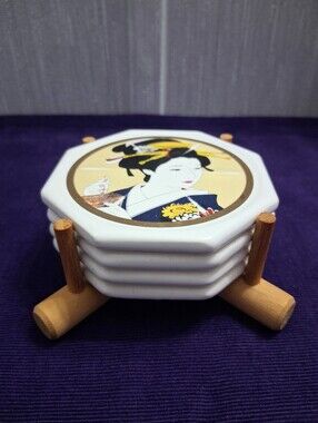 Vintage Porcelain Coasters Japanese Geisha Set Of Four 4 Cork Back Wood Holder